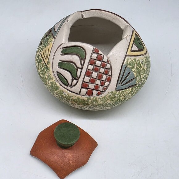 Handmade Ceramic Lidded Jar Abstract Multicolor Patterns & Textures Carved Desig - Picture 3 of 8